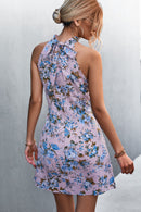 Floral Mock Neck Tie Back Sleeveless Dress