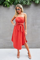 Strapless Asymmetrical Hem Belted Dress