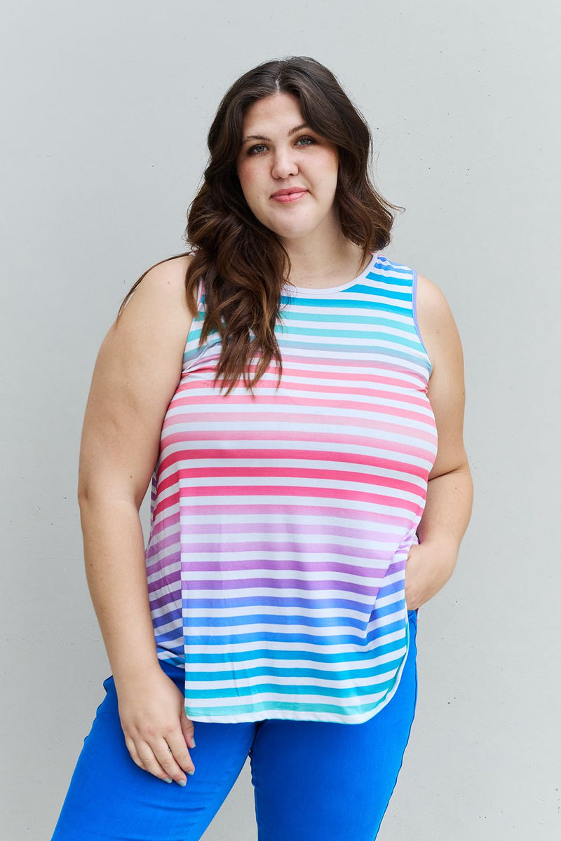 Heimish Love Yourself Full Size Multicolored Striped Sleeveless Round Neck Top