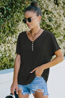 Decorative Button Curved Hem V-Neck Top