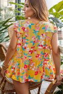 Plus Size Printed Tie Neck Cap Sleeve Blouse