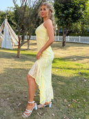 Lace Spaghetti Strap Deep V High-Low Dress