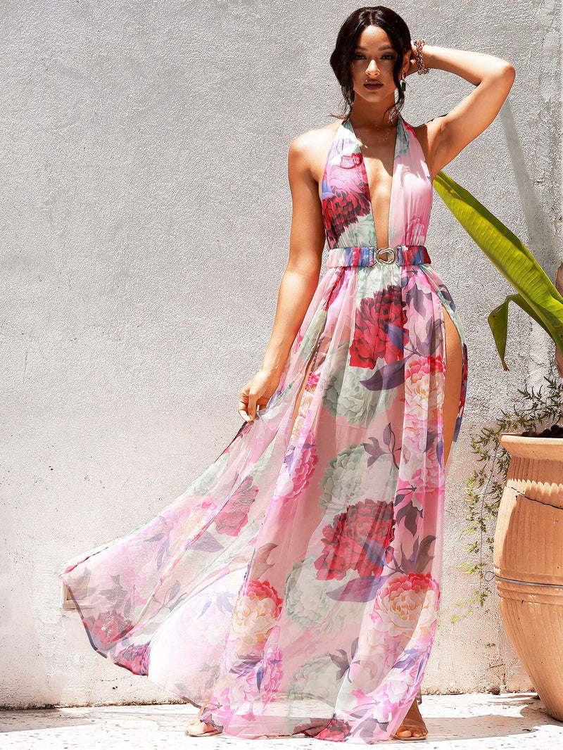 Floral Halter Neck Backless Split Dress