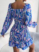 Abstract Print Square Neck Smocked Dress