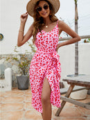 Printed Spaghetti Strap V-Neck Belted Dress