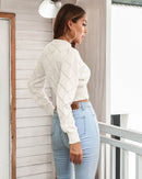 Openwork Ribbed Trim Long Sleeve Cropped Sweater