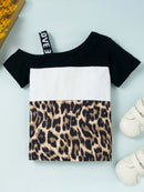 Girls Color Block Printed Cold-Shoulder Tee and Joggers Set