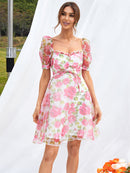 Floral Puff Sleeve Drawstring Detail Mini Dress