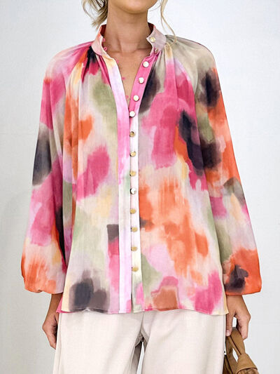 Printed Button Up Balloon Sleeve Shirt