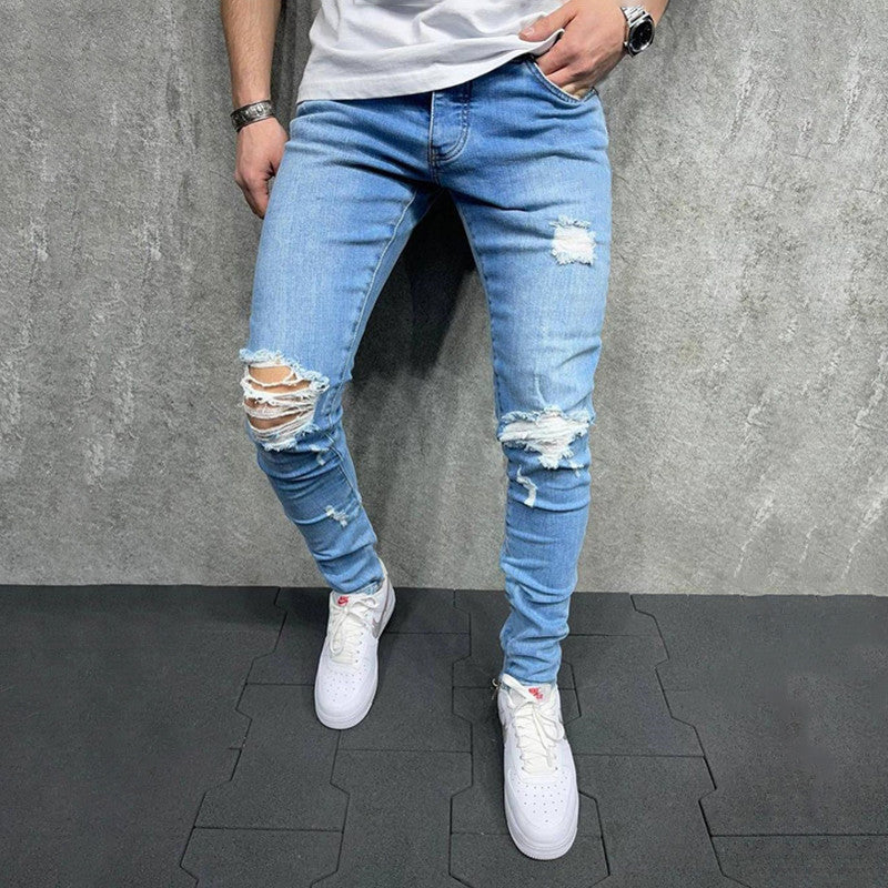 Men's Small Feet Jeans European And American Frayed Casual Slim Jeans