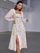 Floral Tie Front Square Neck Split Midi Dress