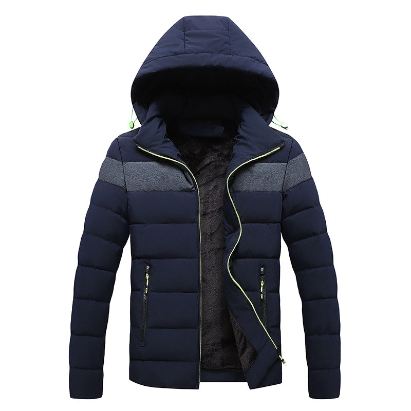 Men's Cotton-padded Jacket With Hood And Color Matching To Keep Warm In Winter