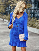 Cutout Ruched Ruffle Hem Tie Front Dress