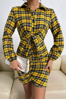 Plaid Tie Front Ruched Mini Shirt Dress
