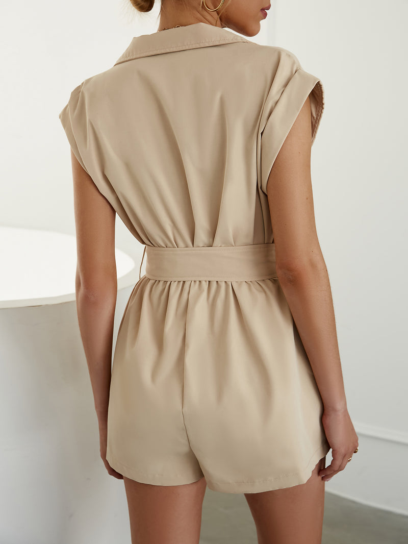 Belted Lapel Collar Romper with Pockets