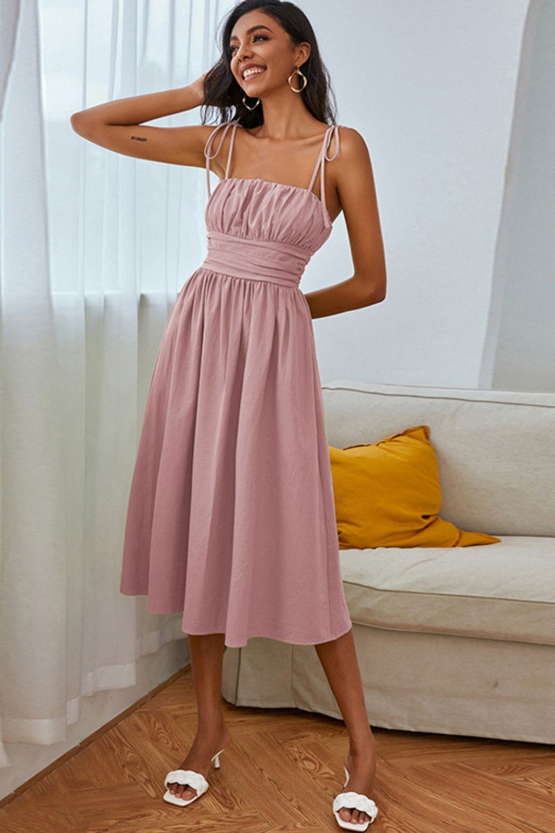 Tie-Shoulder Ruched Midi Dress