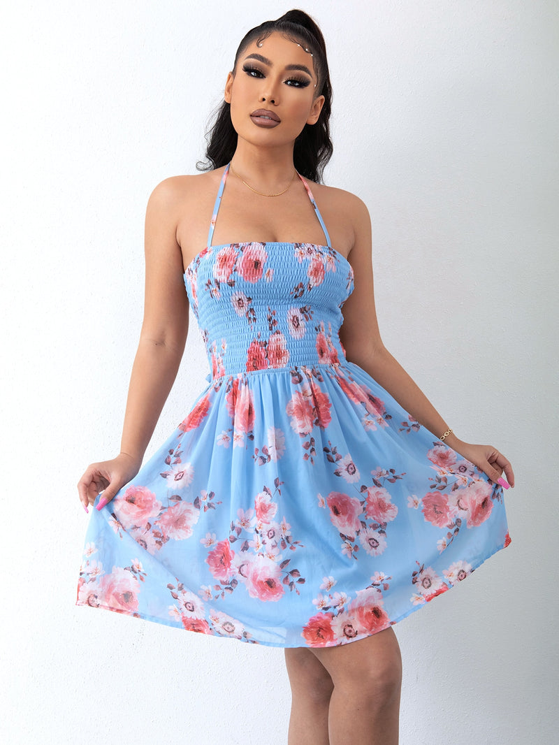 Floral Halter Neck Smocked Dress Floral Halter Neck Smocked Dress