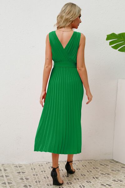 Surplice Sleeveless Midi Pleated Dress