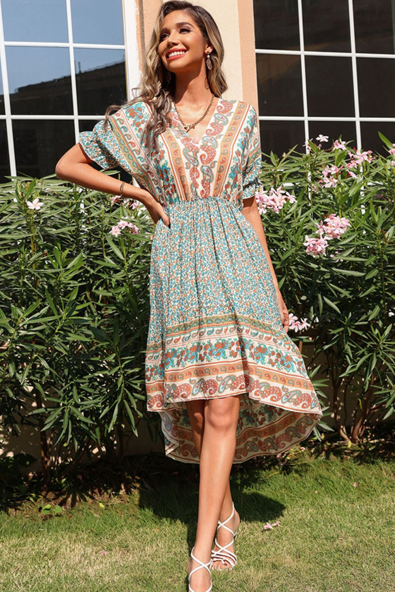 Bohemian Tie Back Flounce Sleeve Dress