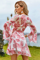Printed Flare Sleeve Plunge Mini Dress