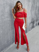 Ruffled Cropped Cami and Slit Pants Set