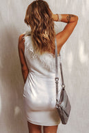 Feather Trim One-Shoulder Sleeveless Dress