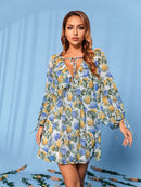 Floral Tie Front Deep V Split Sleeve Dress