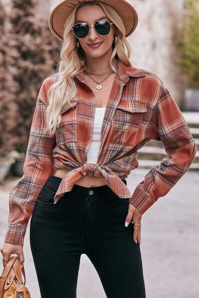 Pocketed Plaid Button Up Dropped Shoulder Shirt