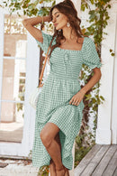 Plaid Cutout Square Neck Smocked Dress