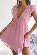 Swiss Dot Deep V Ruffle Shoulder Mini Dress