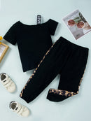 Girls Color Block Printed Cold-Shoulder Tee and Joggers Set