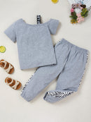 Girls Color Block Printed Cold-Shoulder Tee and Joggers Set