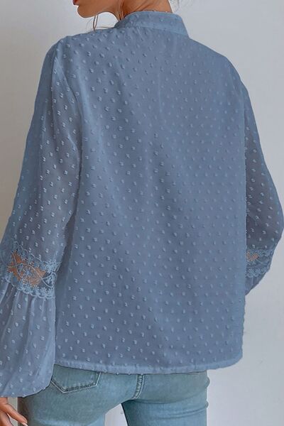 Swiss Dot Lace Detail Tie Neck Shirt