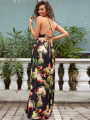 Feather Print Deep V Lace-Up Dress