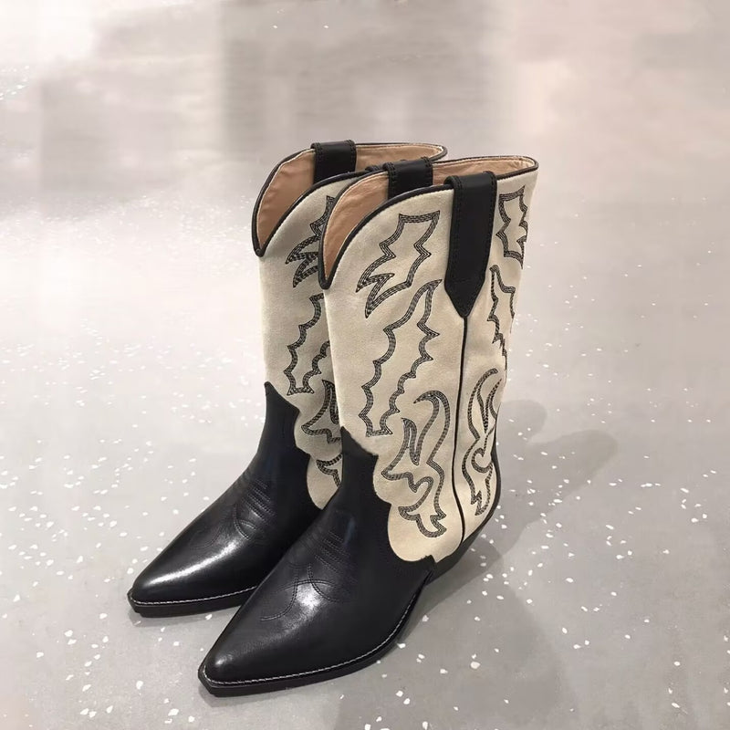 Embroidered Stitch Block Heel Cowboy Boots