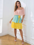 Color Block Off-Shoulder Tie Front Dress