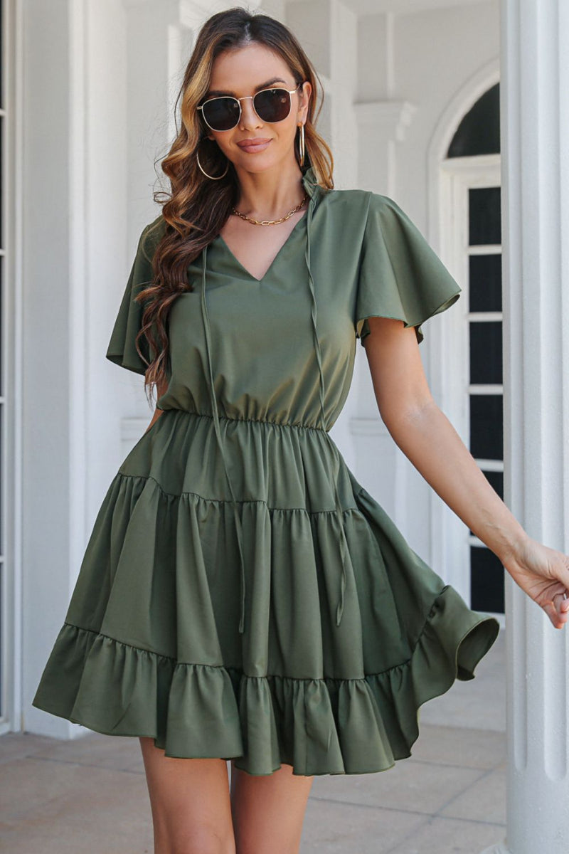 Tie Neck Tiered Flutter Sleeve Dress