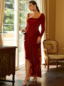 Square Neck Split Long Sleeve Maxi Dress