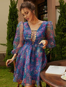 Floral Lace-Up Mesh Balloon Sleeve A-Line Dress