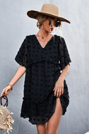 Swiss Dot Frill Trim V-Neck Lined Dress