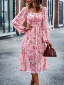 Floral Square Neck Smocked Balloon Sleeve Dress