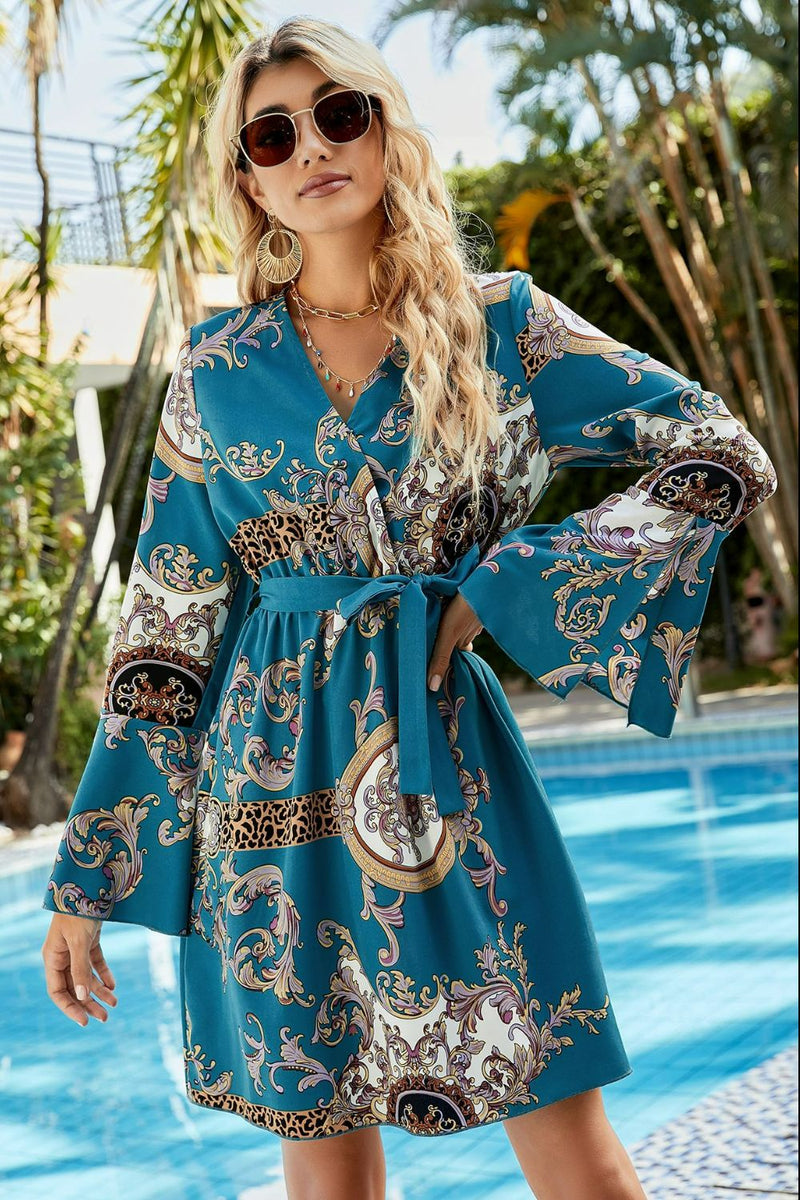 Bohemian Tie-Waist Flare Sleeve Surplice Dress