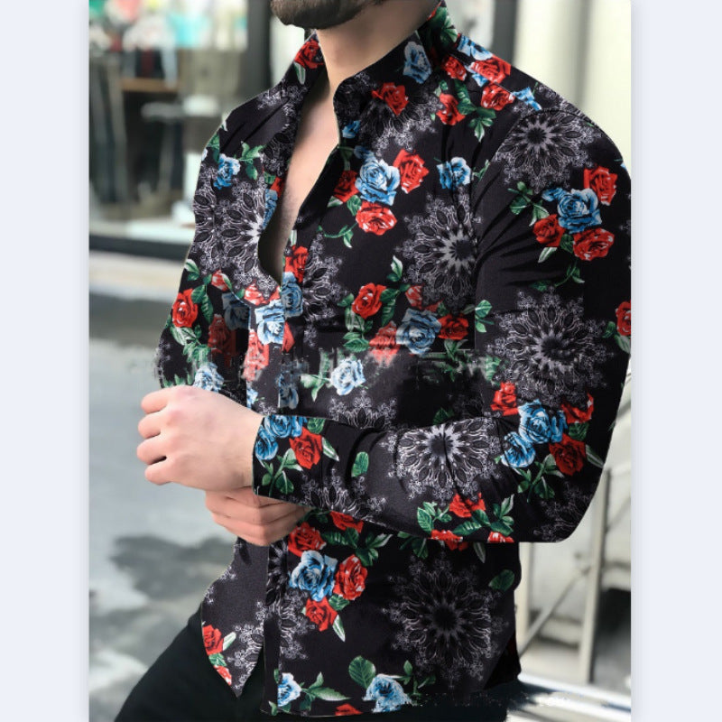 Spring And Autumn Men's Casual Long-sleeved Floral Shirt