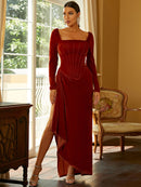 Square Neck Split Long Sleeve Maxi Dress