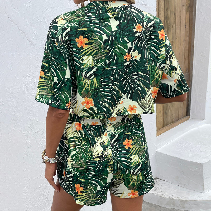 Floral Print Round Neck Dropped Shoulder Half Sleeve Top and Shorts Set