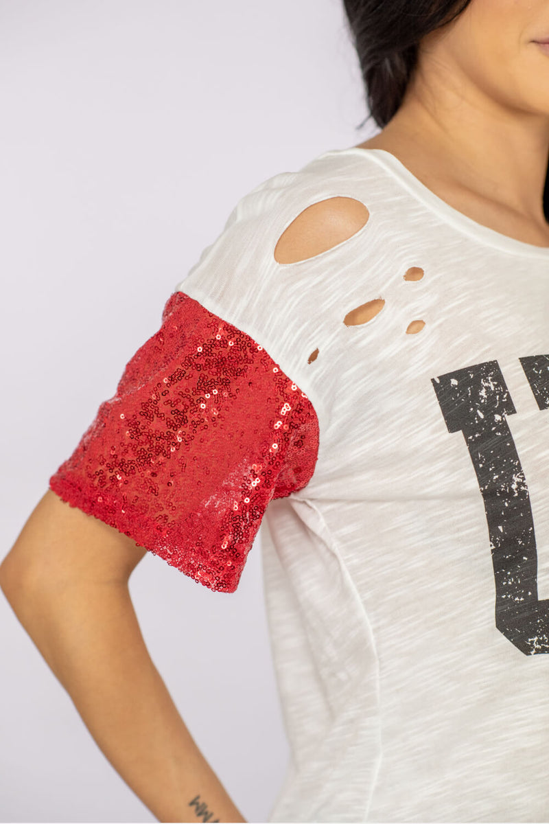 BiBi USA Sequin Graphic Distressed Tee