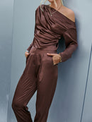 Ruched Asymmetrical Neck Top and Pants Set