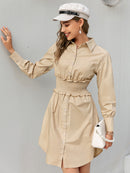 Button Front Frill Trim Smocked Waist Shirt Dress