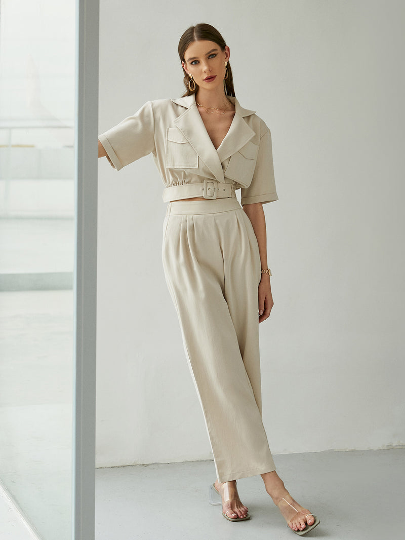 Belted Detail Cropped Blazer and Pants Set