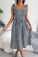 Plaid Tie Shoulder Frill Trim Midi Dress